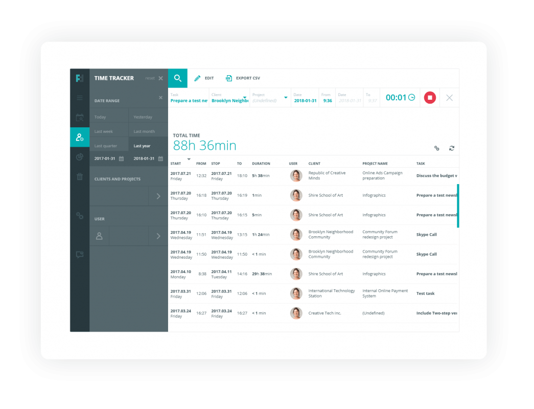 Futuramo Time Tracker - Time sheet view