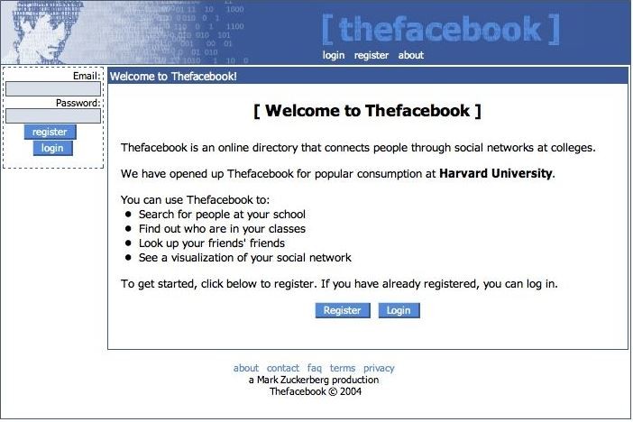 Facebook website in 2004 old design