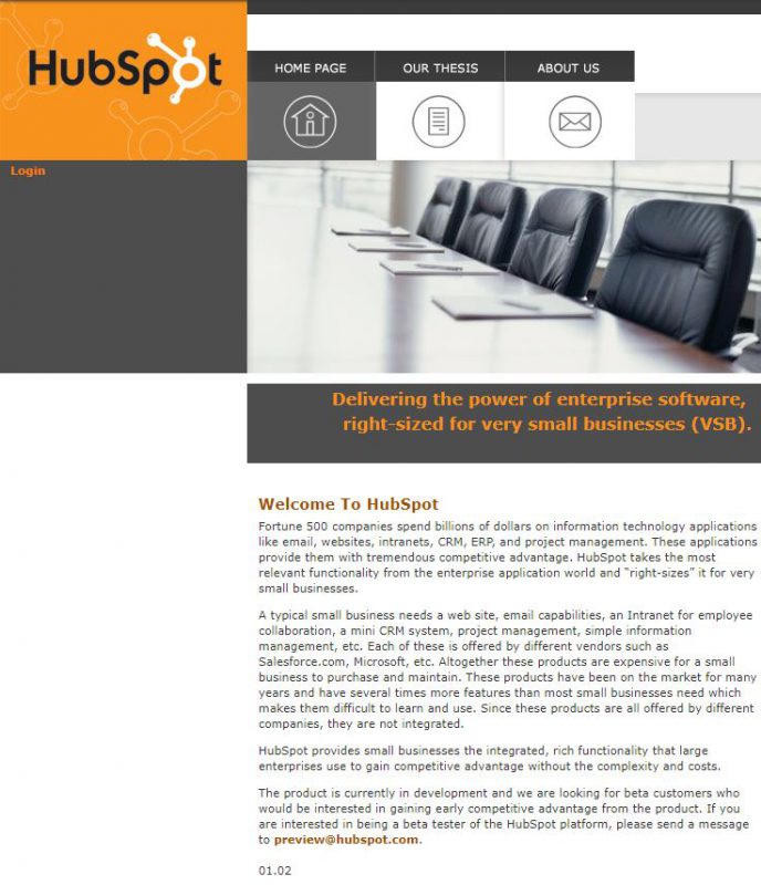 HubSpot website at the beginning old design