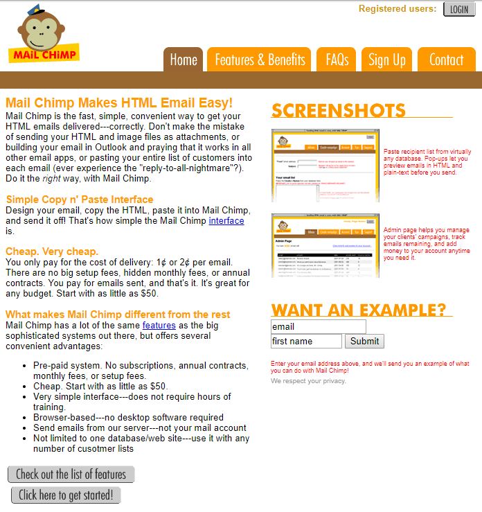 first Mailchimp website design old design