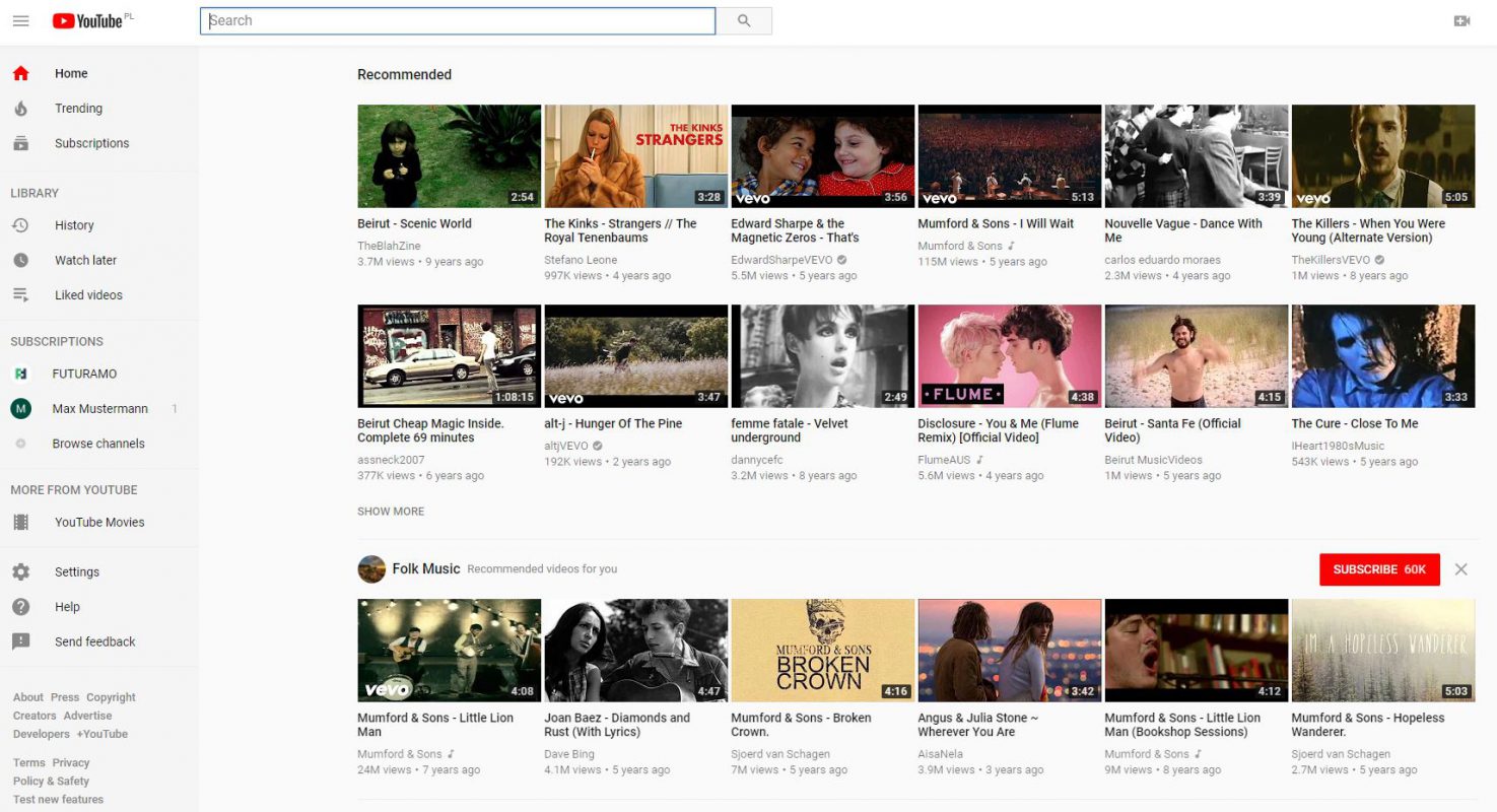 YouTube website in 2018 redesign example