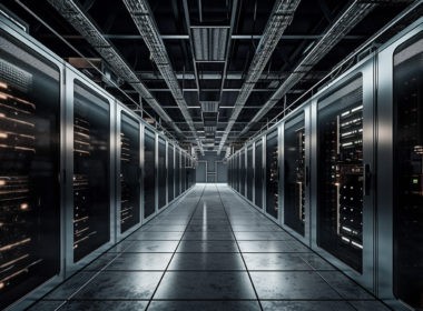 A long hallway with a row of servers in the center.
