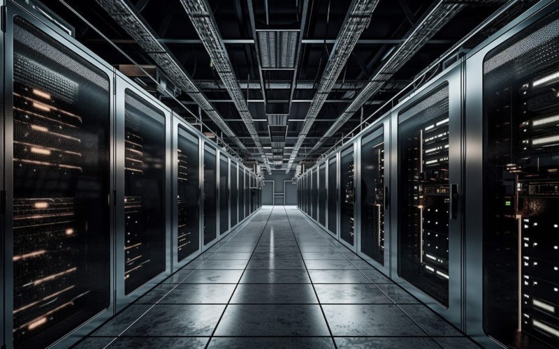 A long hallway with a row of servers in the center.