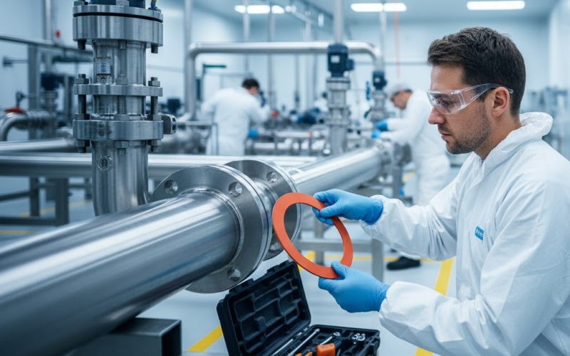 A technician performing proactive gasket replacement in an industrial setting, ensuring system integrity and preventing future failures