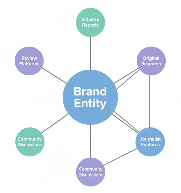 AI systems build their understanding of brand authority from signals distributed across the web. Earning consistent mentions across high-credibility sources strengthens a brand's position in generated responses.