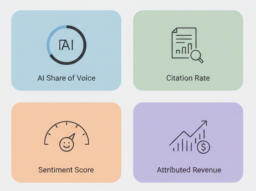 Measuring GEO performance requires moving beyond traffic volume to track visibility indicators: share of voice, citation rate, sentiment, and attributed revenue.