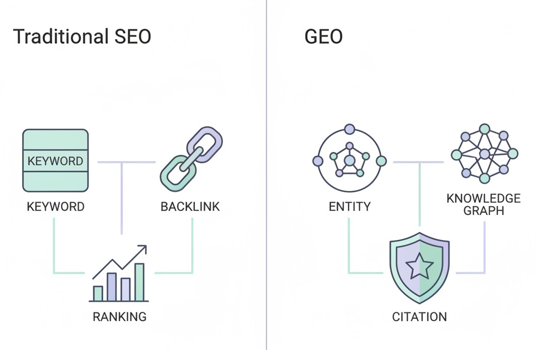 Traditional SEO and Generative Engine Optimization differ not just in tactics, but in how success is defined — from ranking positions to citation presence.