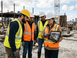 Construction team reviewing site footage on a tablet outdoors