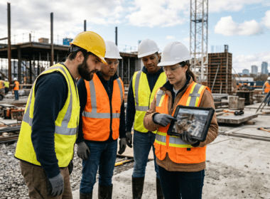 Construction team reviewing site footage on a tablet outdoors