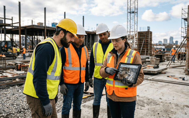 Construction team reviewing site footage on a tablet outdoors