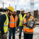 Construction team reviewing site footage on a tablet outdoors