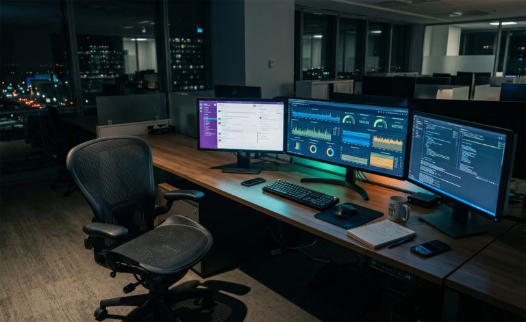Office desk with active workflow dashboards on screens and no person present, representing autonomous AI operations