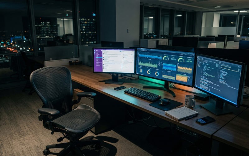 Office desk with active workflow dashboards on screens and no person present, representing autonomous AI operations