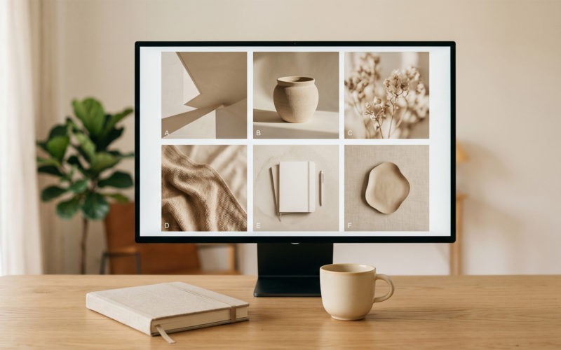 A designer's workspace with a monitor showing a cohesive grid of AI-generated brand assets (by Gemini Pro)