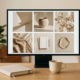 A designer's workspace with a monitor showing a cohesive grid of AI-generated brand assets (by Gemini Pro)