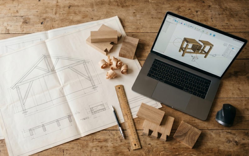 Overhead view of a woodworking workspace with CAD drawings, a laptop and wood samples on a clean desk