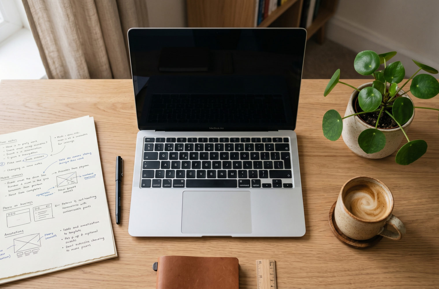 Clean minimal desk workspace with laptop and notes representing team outreach planning