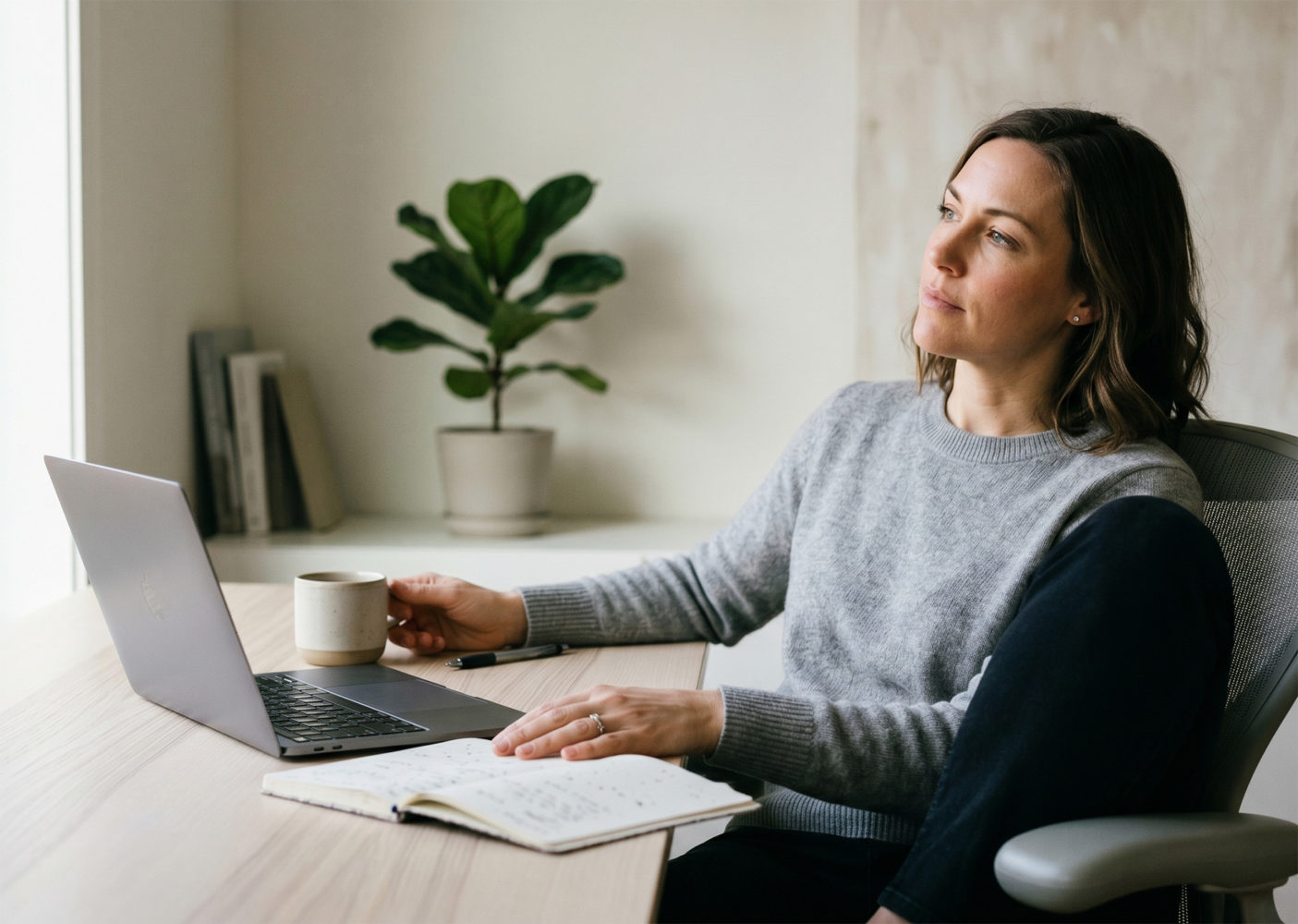 A woman working thoughtfully at a clean modern desk with a laptop, notebook, and coffee, lit by soft natural daylight.