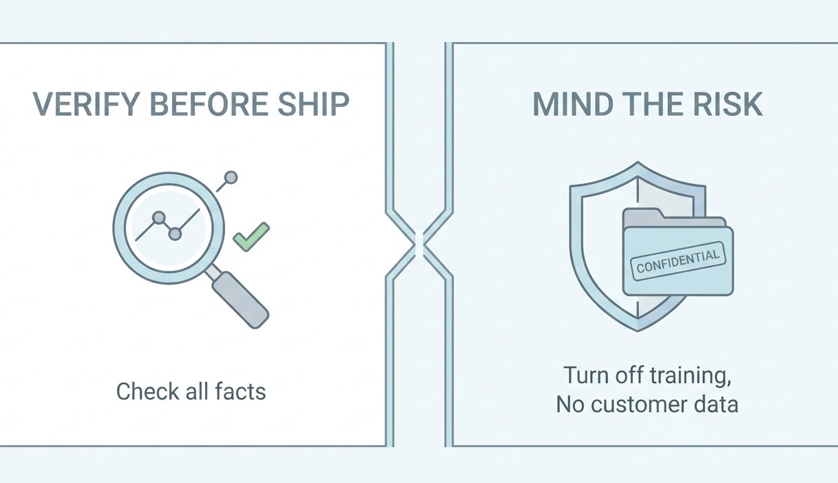 Line illustration infographic detailing verification and privacy settings for safe AI use.