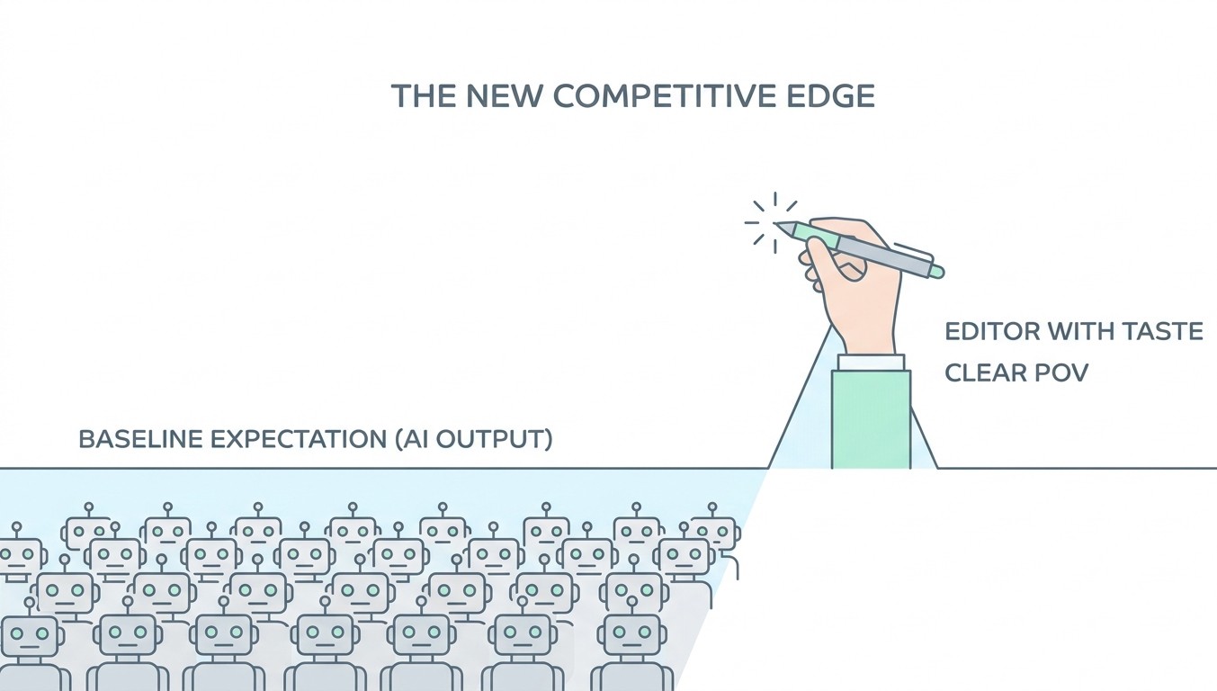 Line illustration chart showing that AI usage is a standard baseline, and the new competitive edge is "Editor with Taste" and "POV."