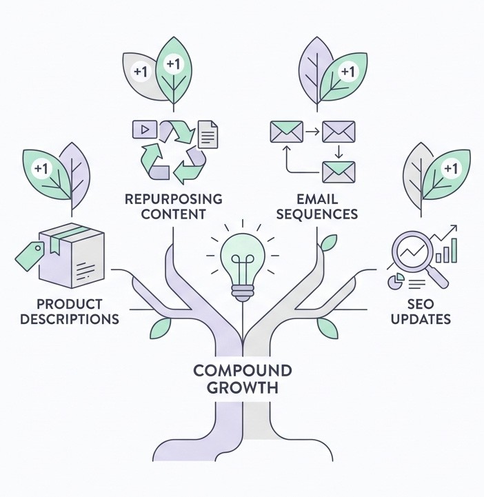 A line illustration showing small AI tasks (product descriptions, SEO) compounding into growth.