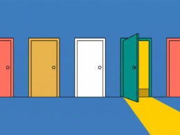 Flat illustration of a row of colorful doors on a concrete background, one open with light spilling out