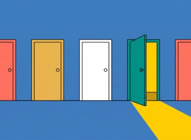 Flat illustration of a row of colorful doors on a concrete background, one open with light spilling out