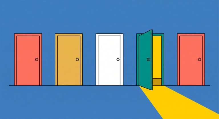 Flat illustration of a row of colorful doors on a concrete background, one open with light spilling out