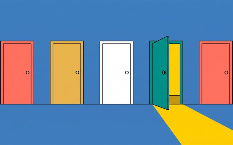 Flat illustration of a row of colorful doors on a concrete background, one open with light spilling out