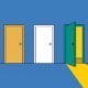 Flat illustration of a row of colorful doors on a concrete background, one open with light spilling out