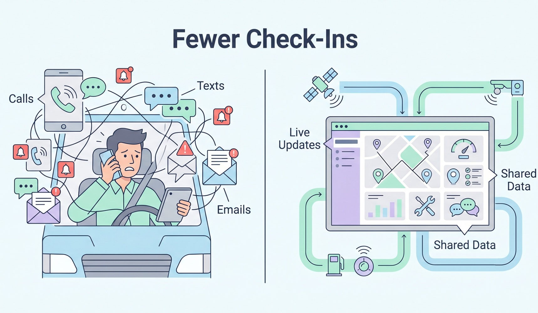 Comparison illustration showing communication overload from calls and messages versus streamlined fleet visibility.