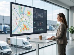 Dispatcher monitoring fleet operations on a digital dashboard while field vehicles travel along urban routes.