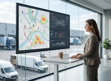 Dispatcher monitoring fleet operations on a digital dashboard while field vehicles travel along urban routes.