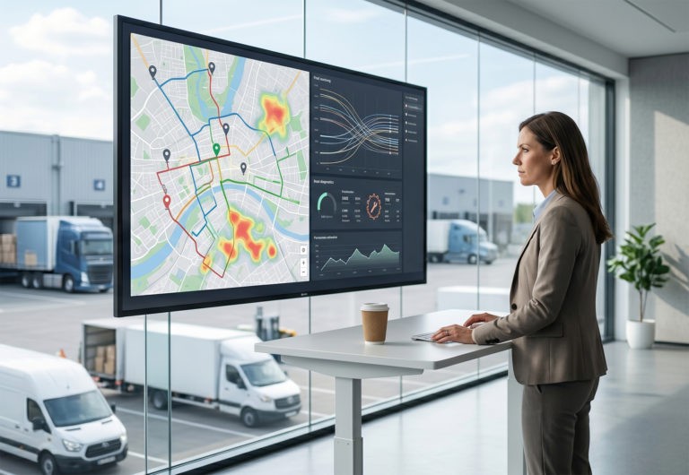 Dispatcher monitoring fleet operations on a digital dashboard while field vehicles travel along urban routes.