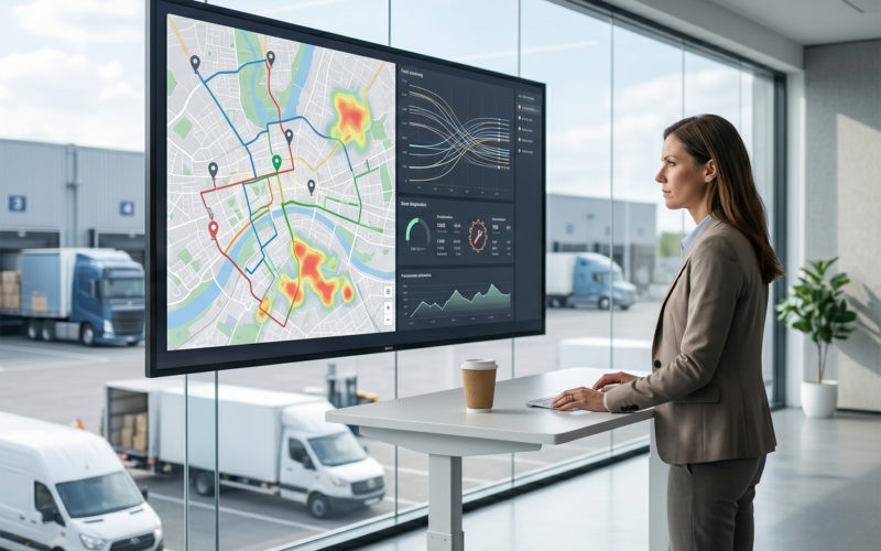 Dispatcher monitoring fleet operations on a digital dashboard while field vehicles travel along urban routes.