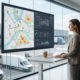Dispatcher monitoring fleet operations on a digital dashboard while field vehicles travel along urban routes.