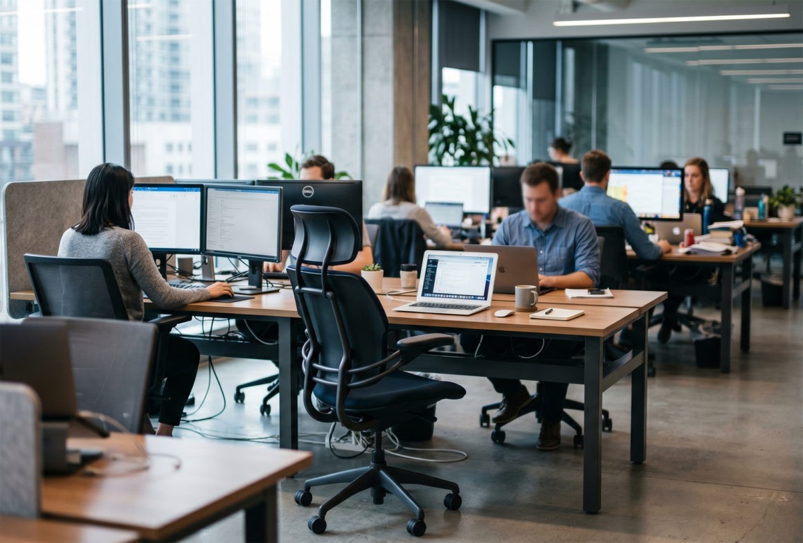 Empty desk chair facing a laptop among occupied desks in a modern office, illustrating AI agents joining a team