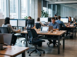 Empty desk chair facing a laptop among occupied desks in a modern office, illustrating AI agents joining a team