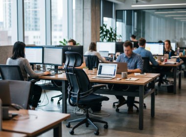 Empty desk chair facing a laptop among occupied desks in a modern office, illustrating AI agents joining a team