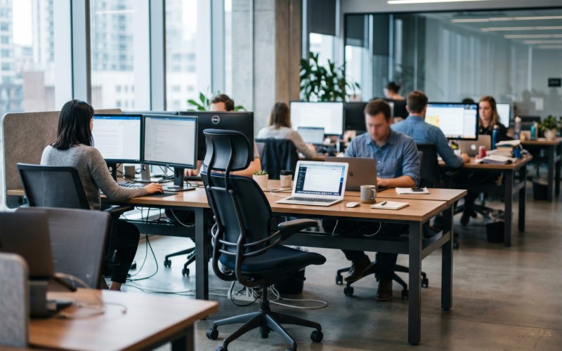 Empty desk chair facing a laptop among occupied desks in a modern office, illustrating AI agents joining a team