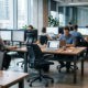 Empty desk chair facing a laptop among occupied desks in a modern office, illustrating AI agents joining a team