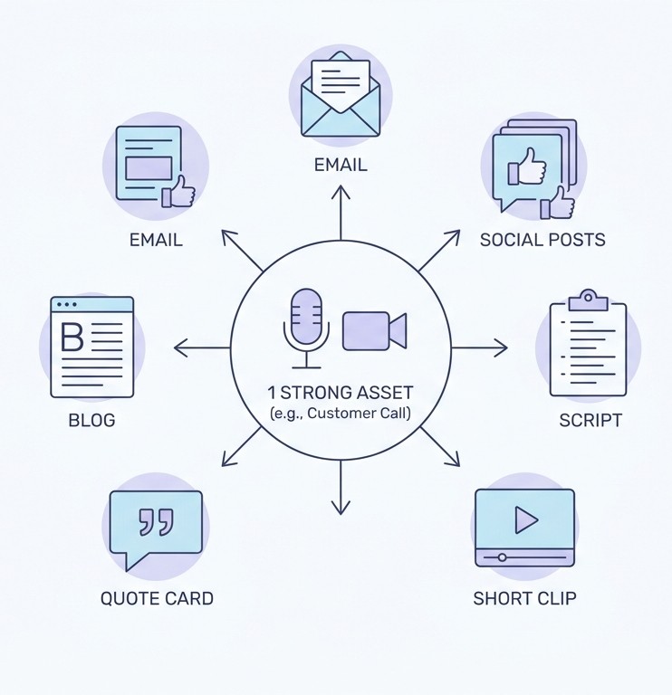 Flat design line illustration flow chart turning a single 'Customer Call' into ten marketing assets.