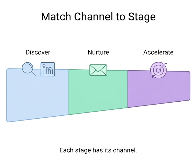 Three-stage funnel mapping SEO and LinkedIn to discovery, email to nurture, and retargeting to acceleration