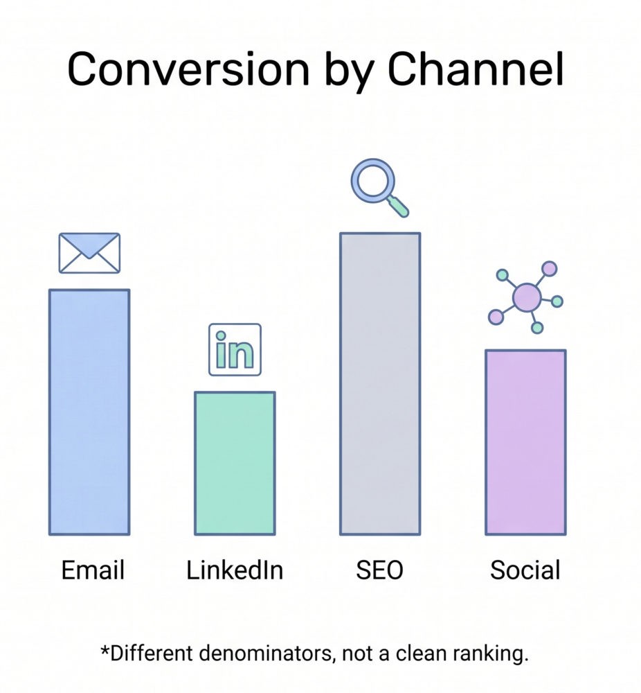 Flat bar illustration comparing conversion strength of email, LinkedIn, SEO, and social channels