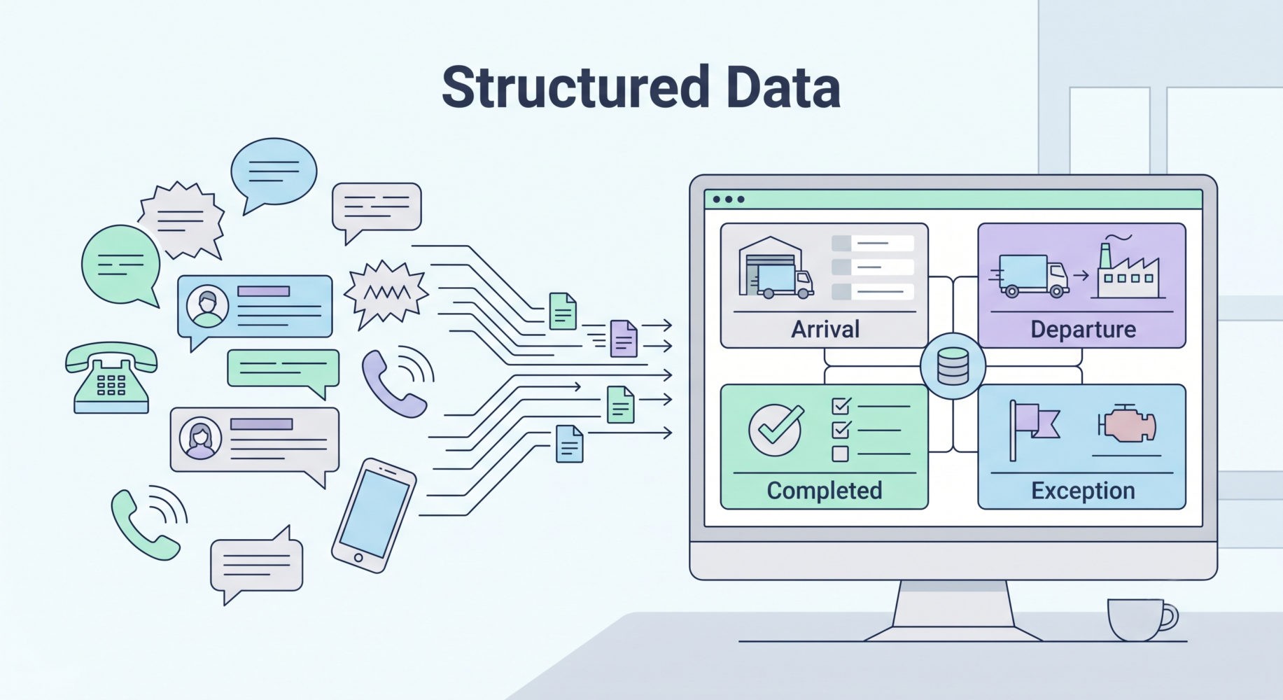 Illustration showing structured fleet reporting replacing calls, chats, and manual updates.